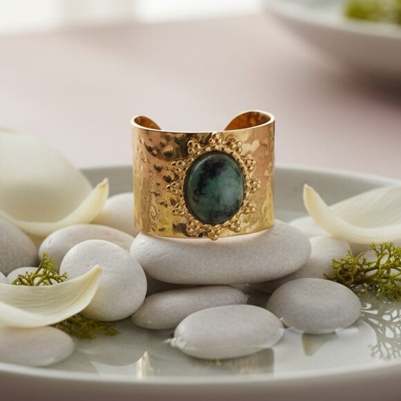 🆕️ Elegant 18K Gold Plated Adjustable Ring with Moss Agate Stone, Fits 7-8 💍 - Picture 1 of 17